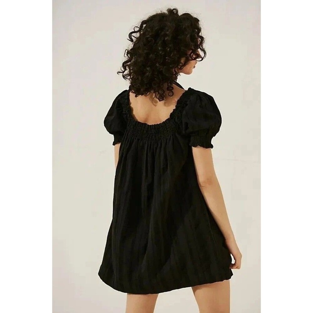 Free People Est Mila Mini Dress Smocked Puff Sleeve Shift Black XS 285477 - Picture 4 of 8